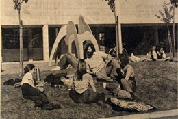 Students relaxing on campus in 1974