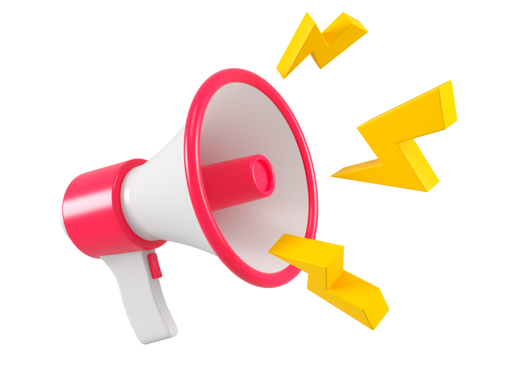 Red and white megaphone with yellow lightning bolts.