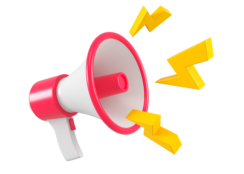 Red and white megaphone with yellow lightning bolts.