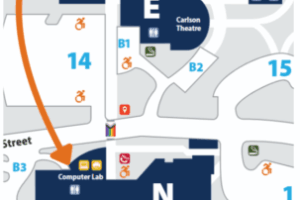 Orange arrow pointing to entrance of building N, room N-250.