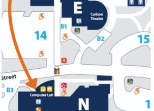 Orange arrow pointing to entrance of building N, room N-250.