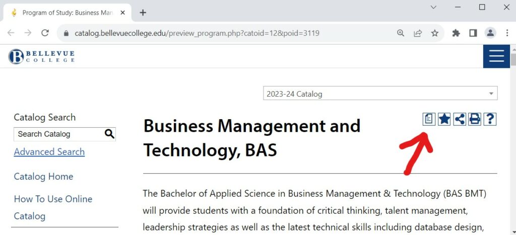 Bellevue College catalog page for the Business Management & Technology BAS degree with a red arrow pointing to the print Degree Planner icon