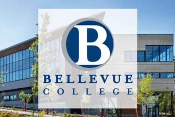 A photo of Bellevue college's campus and the logo placed over it.