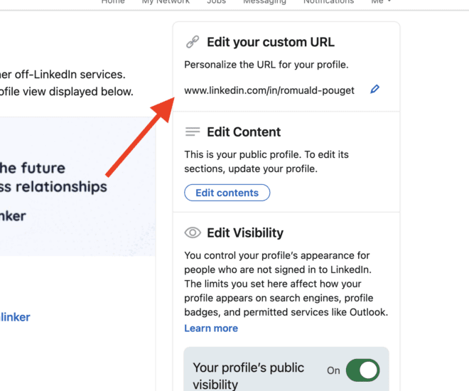 A screenshot of LinkedIn with an arrow pointing to URL editing options