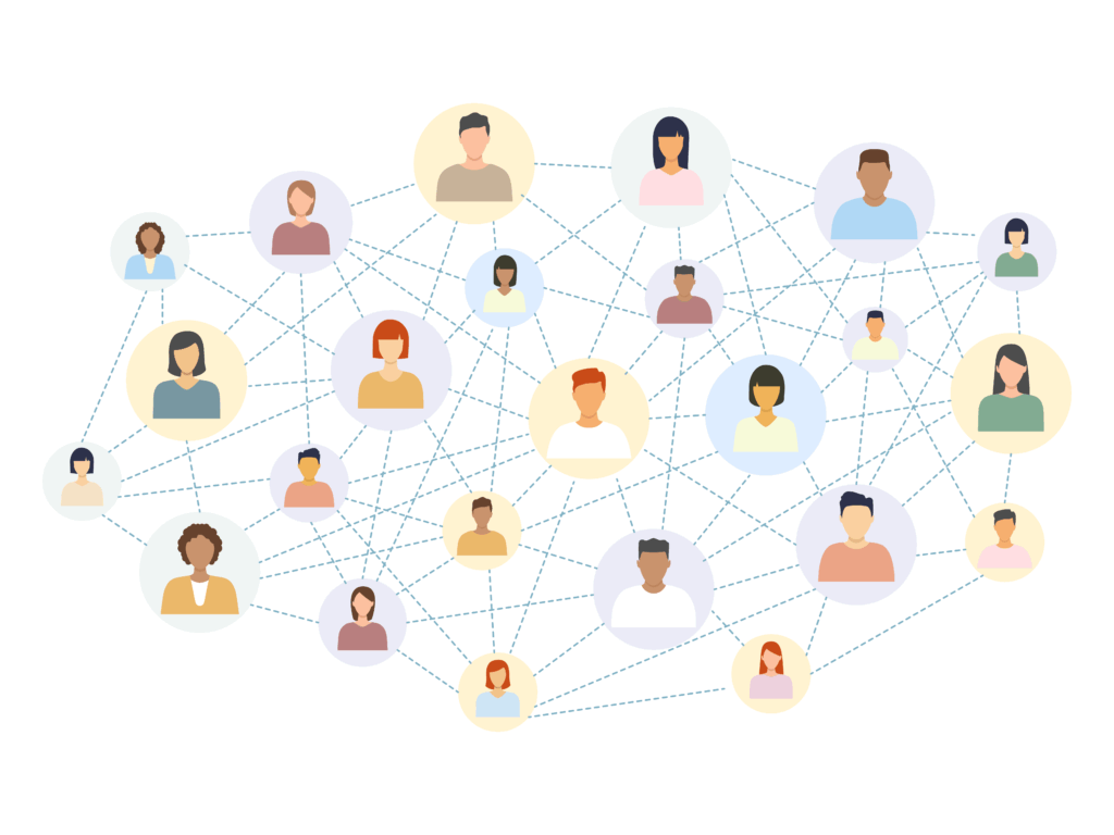 A graphic of a network of professionals linked through a web.
