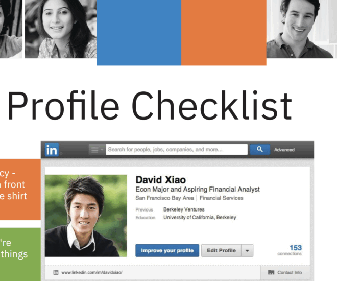 Screenshot of the PDF "LinkedIn Profile Checklist" and features an example profile of someone named David Xiao