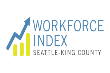Logo for Workforce Index Seattle-King County with blue text, an upward arrow, and three yellow bars.