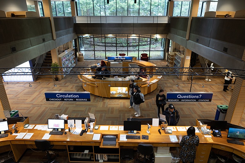 The interior of the BC Library Media Center, seen from the top floor.