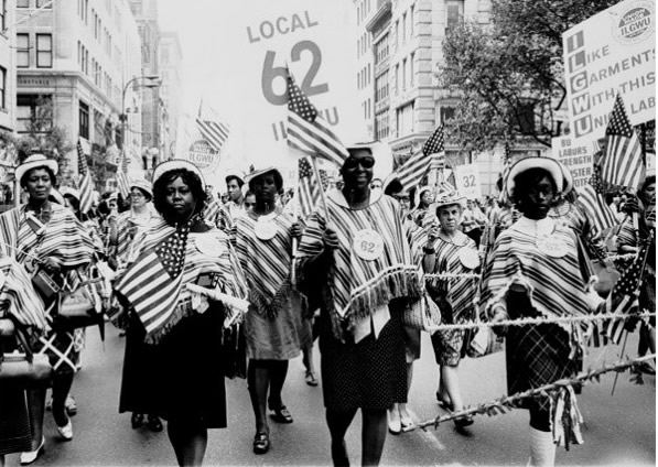 B&W photo of Local 62 marchers at a Labor Day parade 