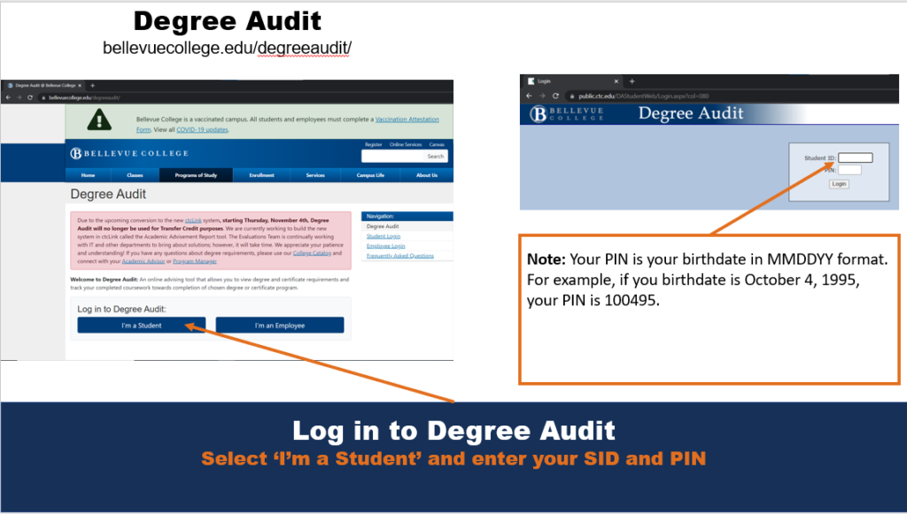Log in to Degree Audit Select ‘I’m a Student’ and enter your SID and PIN Note: Your PIN is your birthdate in MMDDYY format. For example, if you birthdate is October 4, 1995, your PIN is 100495.