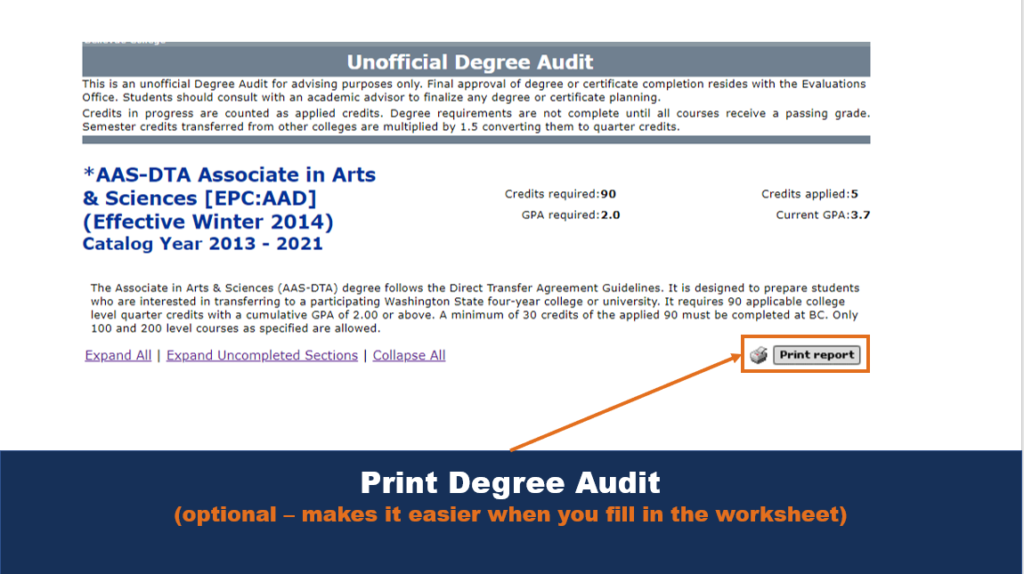 Print Degree Audit (optional – makes it easier when you fill in the worksheet)