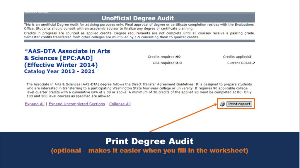 Picture that helps locate the "print report" button on the Unofficial Degree Audit screen.