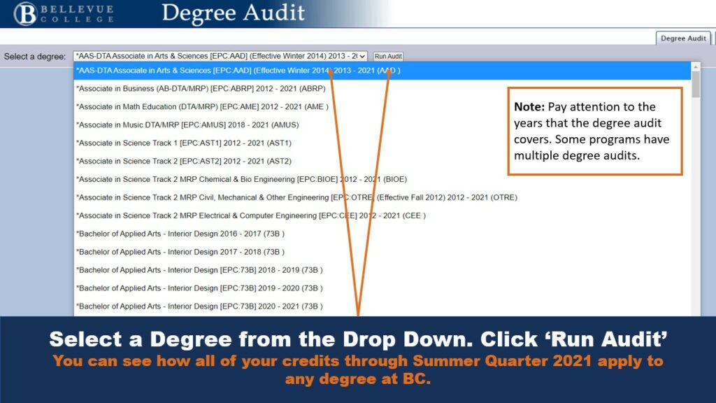 Select a Degree from the Drop Down. Click ‘Run Audit’
You can see how all of your credits through Summer Quarter 2021 apply to any degree at BC.
Note: Pay attention to the years that the degree audit covers. Some programs have multiple degree audits.