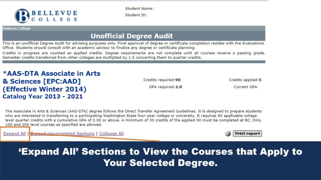 ‘Expand All’ Sections to View the Courses that Apply to Your Selected Degree.