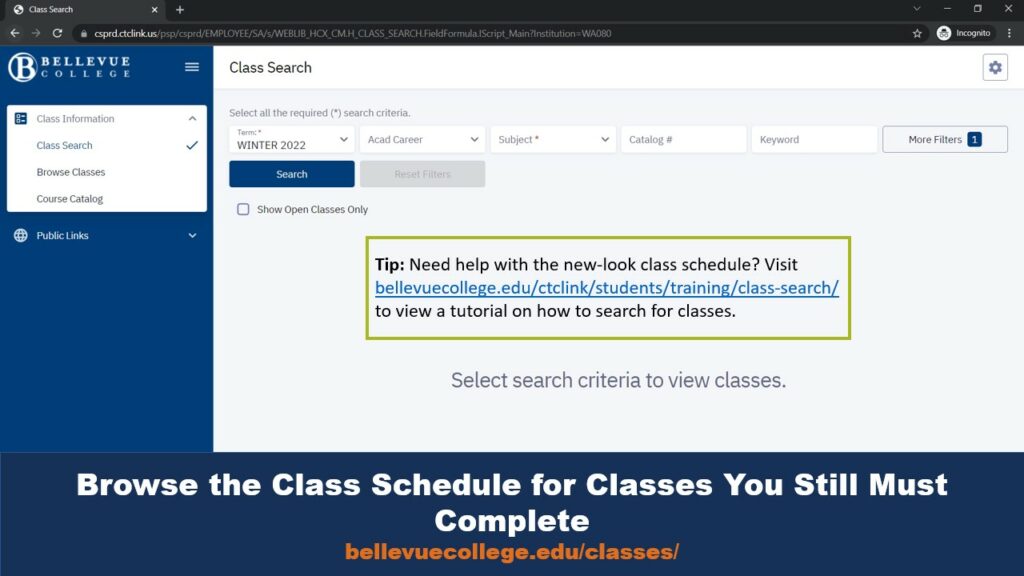 Picture that shows the class search page on the Bellevue College website. A tip box gives a link to the webpage.