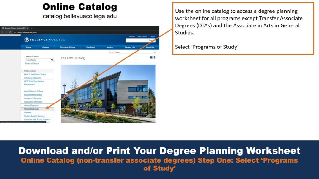 Download and/or Print Your Degree Planning Worksheet.
Online Catalog (non-transfer associate degrees) Step One: Select ‘Programs of Study’
Use the online catalog (https://catalogbellevuecollege.edu) to access a degree planning worksheet for all programs except Transfer Associate Degrees (DTAs) and the Associate in Arts in General Studies.
Select ‘Programs of Study’