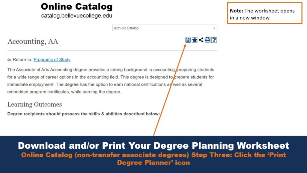 Picture that shows an example degree found in the online catalog. An arrow points to print button that downloads the degree planner from the page.