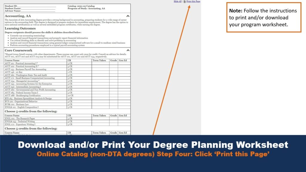 Download and/or Print Your Degree Planning Worksheet
Online Catalog (non-DTA degrees) Step Four: Click ‘Print this Page’
Note: Follow the instructions to print and/or download your program worksheet.