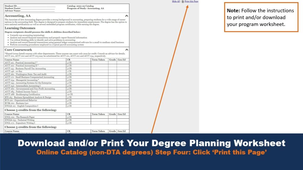 Picture showing the downloaded degree planner. An arrow points to the button that allows users to send the file to a printer.