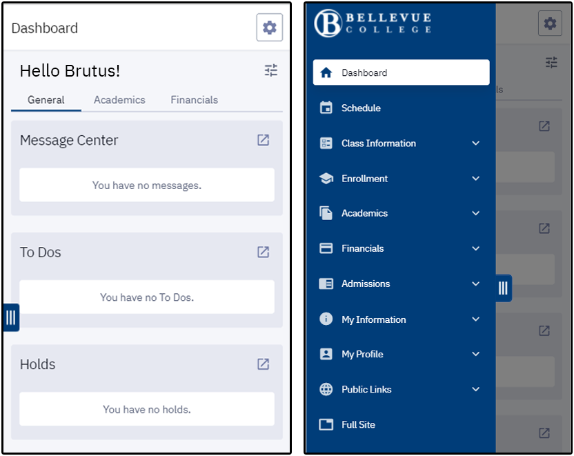 Bellevue College ctcLink mobile view on mobile device.