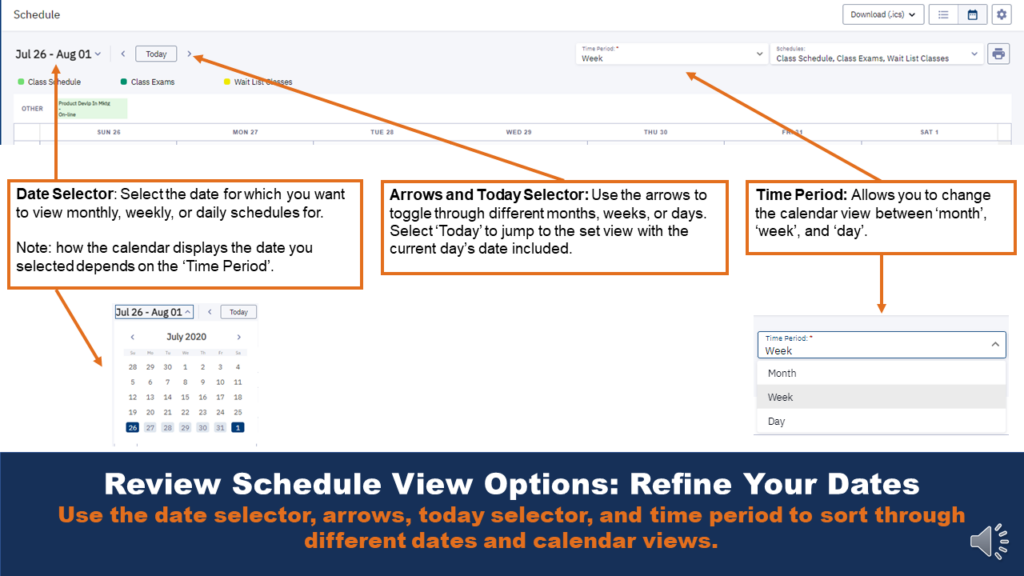 Picture showing the calendar view of the Class Schedule menu. Arrows point to various features that allow users to refine search results in various ways.