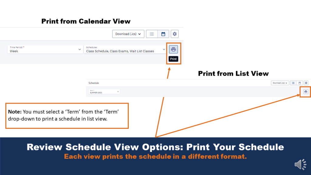 Picture that shows the print button on the Class Schedule view, highlighted by arrows.