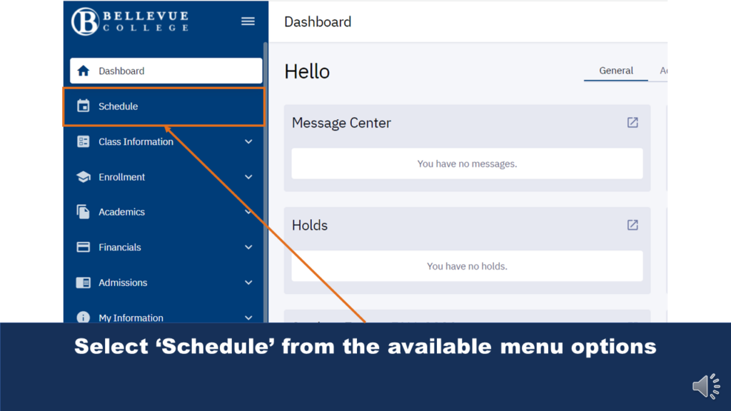 Picture that shows the Schedule button from the Student Dashboard menu, highlighted by an arrow.