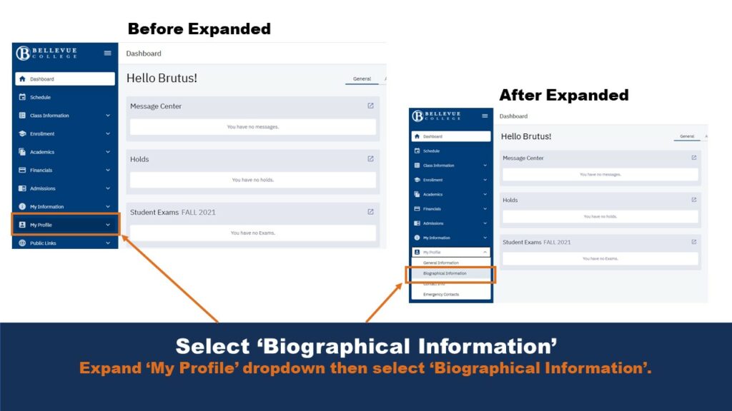 Picture that helps users navigate the ctcLink user interface in order to access biographic information.