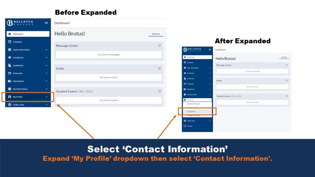 Picture that helps users navigate the ctcLink user interface in order to access contact information.