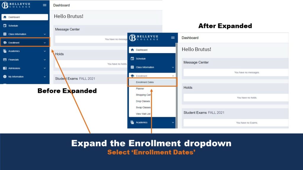 Picture that helps users locate the enrollment menu in the ctcLink Student Homepage. One arrow points to the expansion button and a second arrow highlights the location of the Enrollment Dates field.