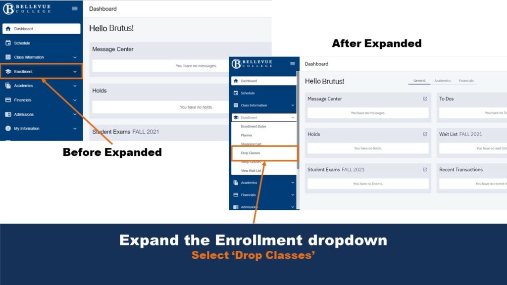 Picture that shows the Student Dashboard on the Bellevue College website. Arrows locate the Enrollment expansion menu and the Drop Classes button.