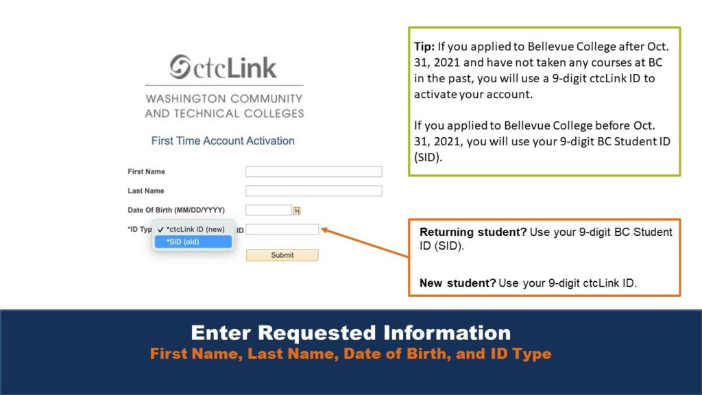 Picture of the ctcLink account activation webpage. On the right-hand side are a few lists of tips for regarding legacy and current IDs.