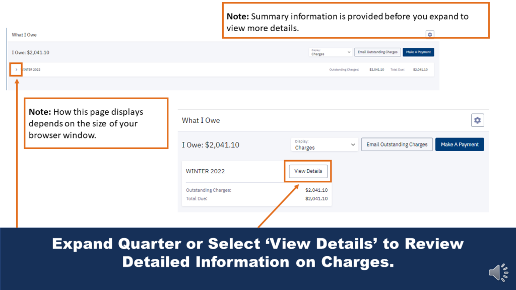 Picture that shows the What I Owe page. Notes on the picture give important information, and various arrows point out important user interface buttons.