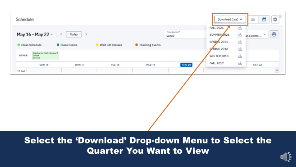 Picture that shows the Schedule menu. An arrow shows the location of the download button. 