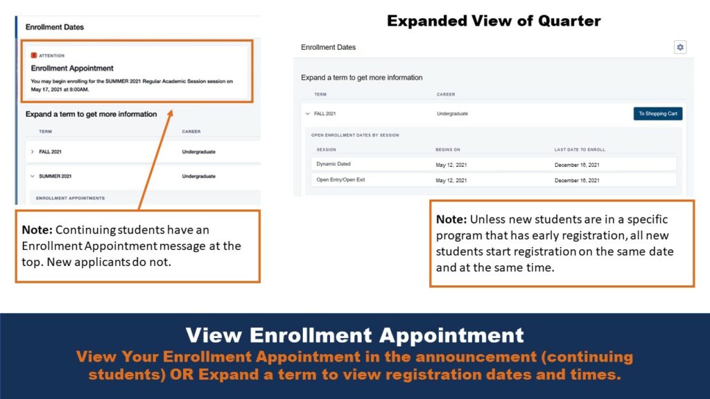 Picture that shows the Enrollment Dates page on ctcLink. A note with an arrow points to the Enrollment Appointment field on the page, and a second note provides additional information.