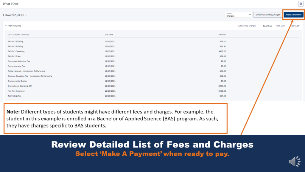 Picture of an example Detail List of Fees and Charges. A note provides important disclaimers about the information in the example displayed, and an arrow locates where the "Make A Payment" button on the page.