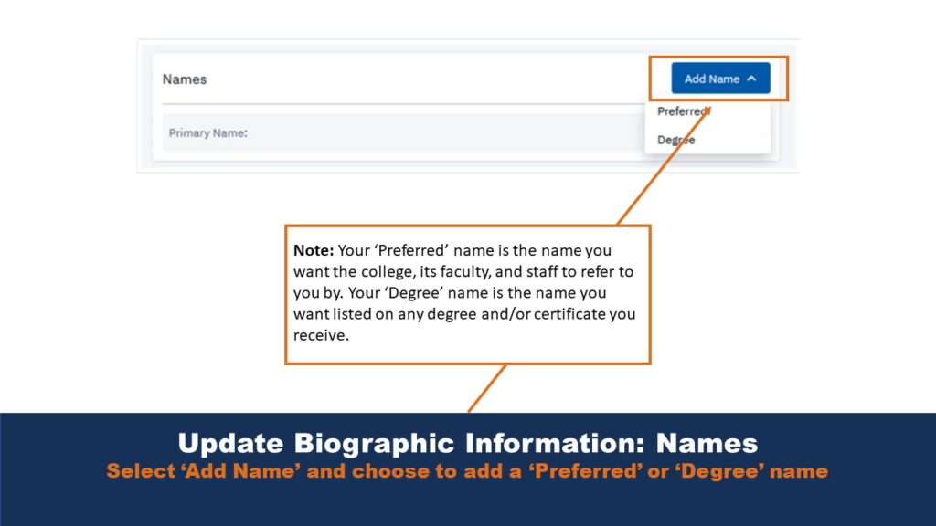 Picture showing the update name page on ctcLink. A note points out the features of the page. 