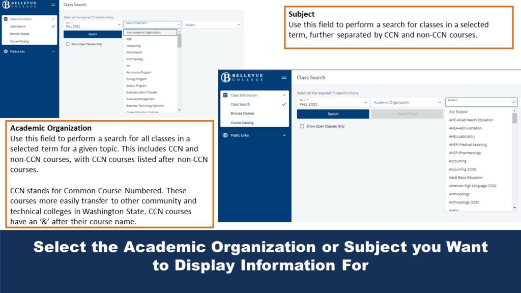 Picture that shows the second step of the class search feature of ctcLink. Text fields describe the other functions shown on the page.