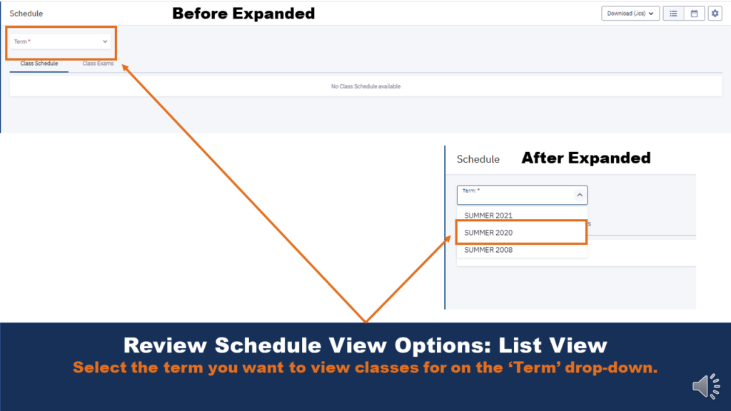 Picture showing additional schedule view options. Arrows point to the drop-down menu of the term field, and example of a term being selected.