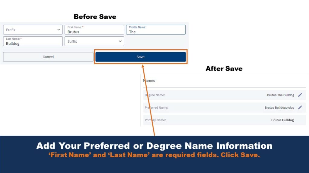 Picture that shows the update degree name screen on ctcLink. An arrow helps users locate the save button on the webpage.