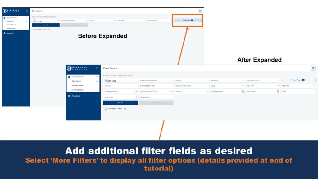 Picture that shows the option on the Class Search function to add additional filter features. An arrow points out the location of the button on the screen.