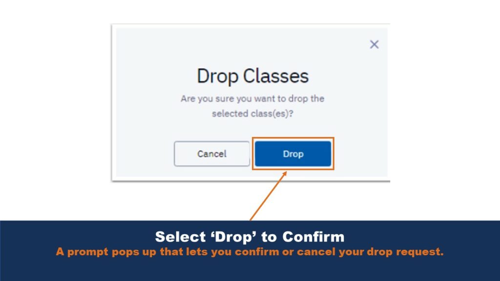 Picture that shows the drop class confirmation dialogue. An arrow points to the location of the "Drop" button