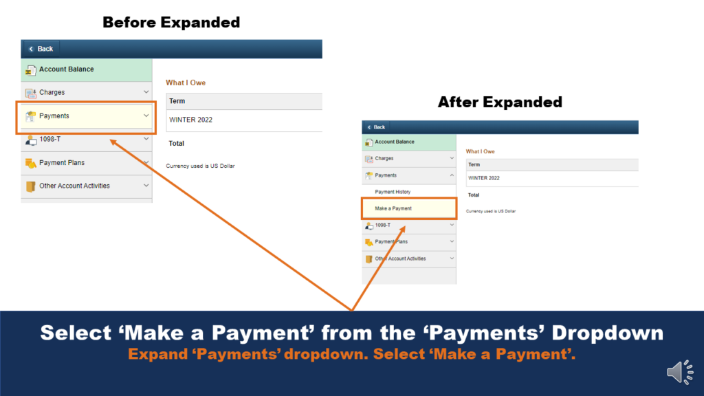 Picture that shows the "Payments" menu and the "Make a Payment" button that is located on the expansion menu. Arrows point to both buttons user interface.