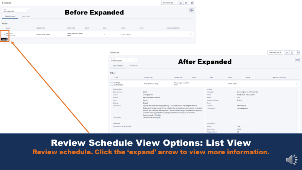 Picture of the list view of the class schedule menu. An arrow points to the expansion button on menu that shows additional details.