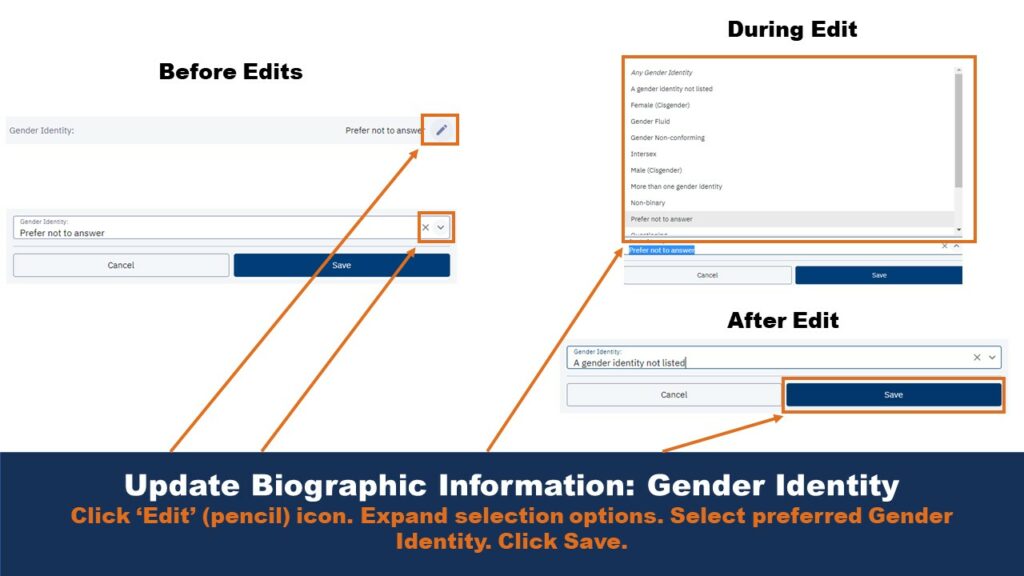 Picture that shows the update gender page on ctcLink. Arrows highlight various features of the user interface functionality.