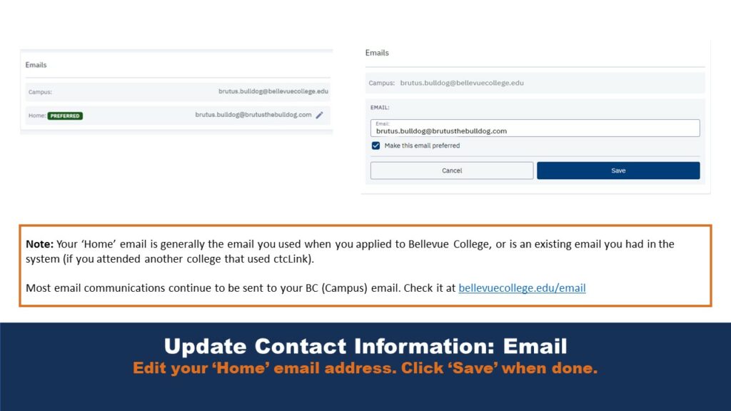 Image showing the page on how to update your email in ctcLink. At the bottom is a note explaining what the "home" email is. 