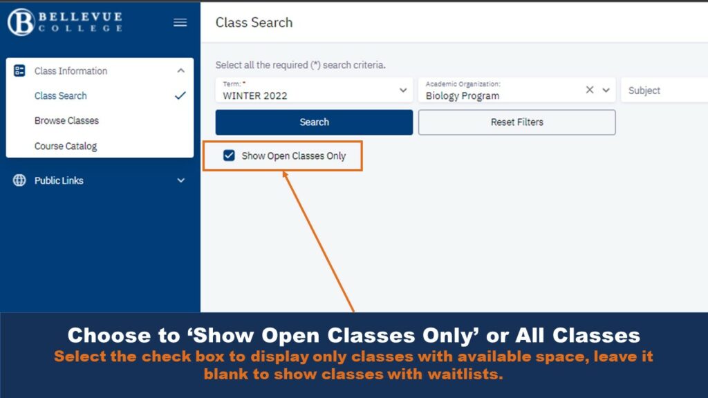 Picture that highlights the option for the Class Search feature to show open classes only.