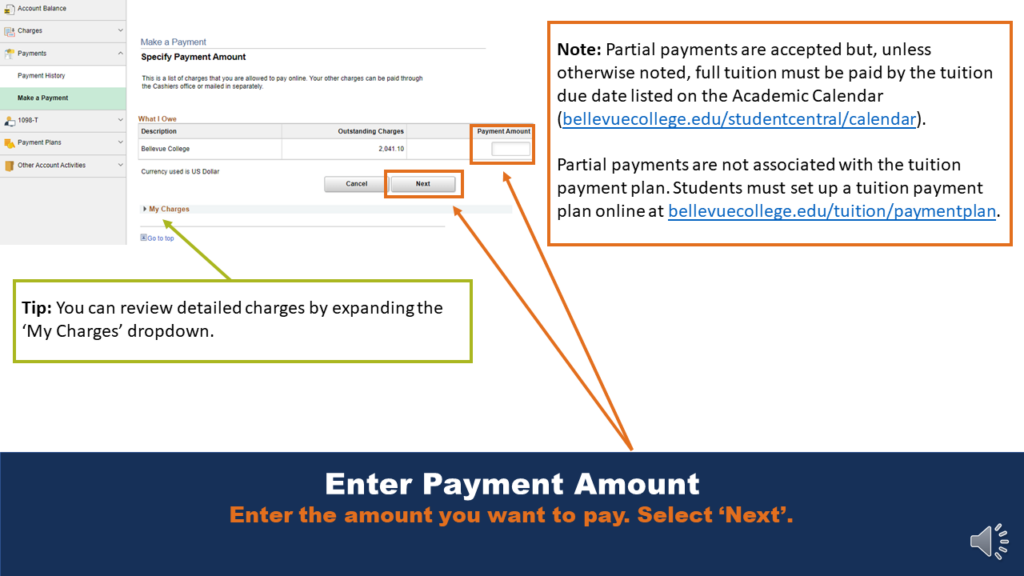 Picture that shows the "Make a Payment" menu. A tip box provides additional information, and a notes section clarifies partial payment scenarios. A pair of arrows helps users locate the "next" button and the "Payment Amount" field.