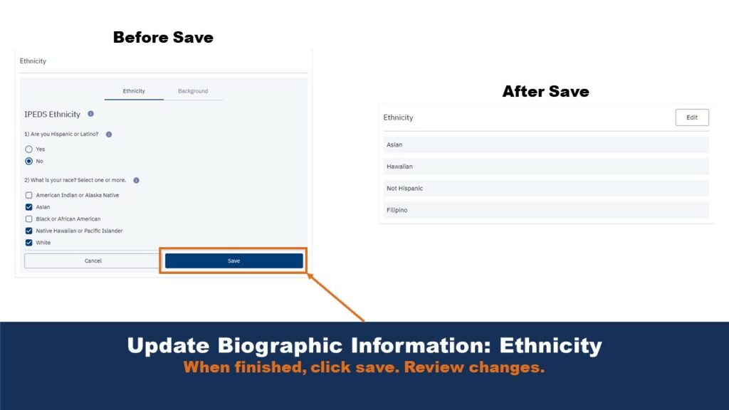 Picture that shows the update ethnicity page on ctcLink. Arrows highlight various features of the user interface functionality.