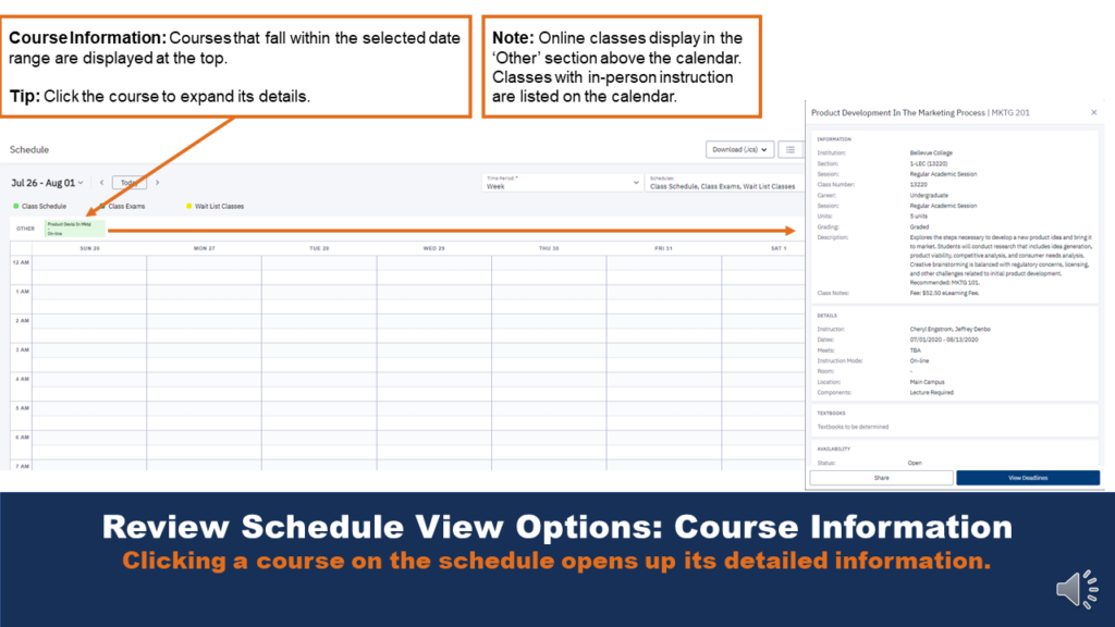 Picture that shows the course information view of the Class Schedule menu. Additional notes explaining the features of the view are shown at the top. 